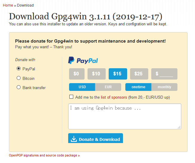 Gpg4winのダウンロード画面